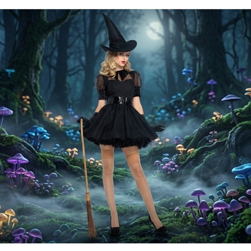 Bewitching Witch Women Costume Leg Avenue 3 piec Dress Belt Hat Black Size L/G